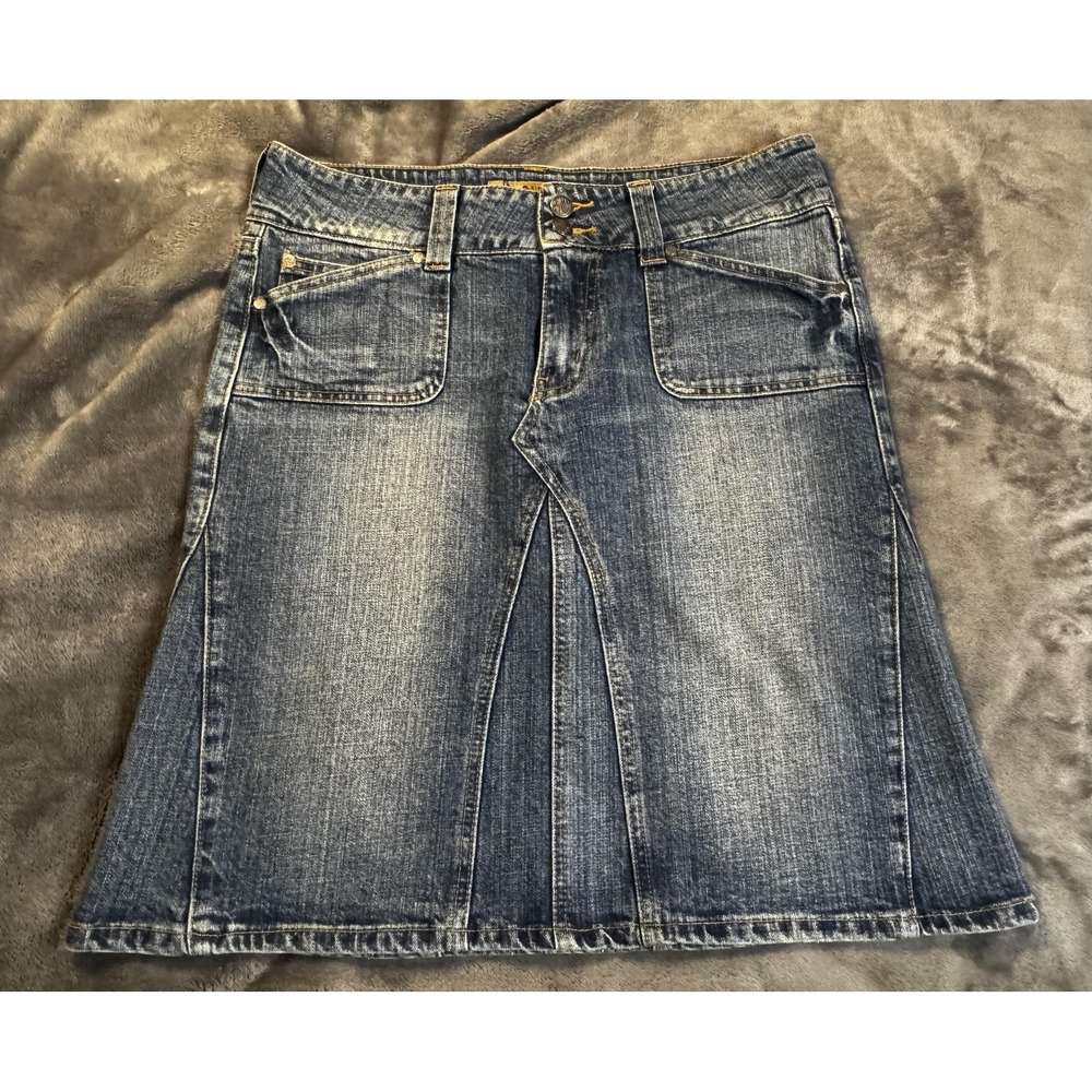 Hint Jeans Denim Skirt Womens 11‎ Blue Mid Length Stretch Distressed Pockets Zip